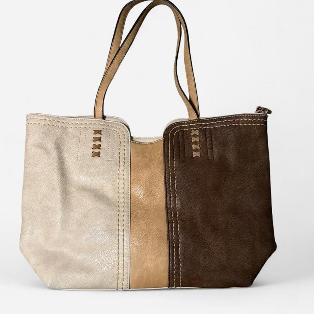 Montana West Brown, Beige & Cream Color-Blocked Leather Tote